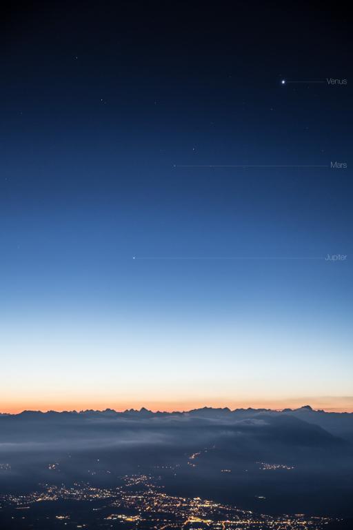 Venus, Mars und Jupiter über dem Rheintal